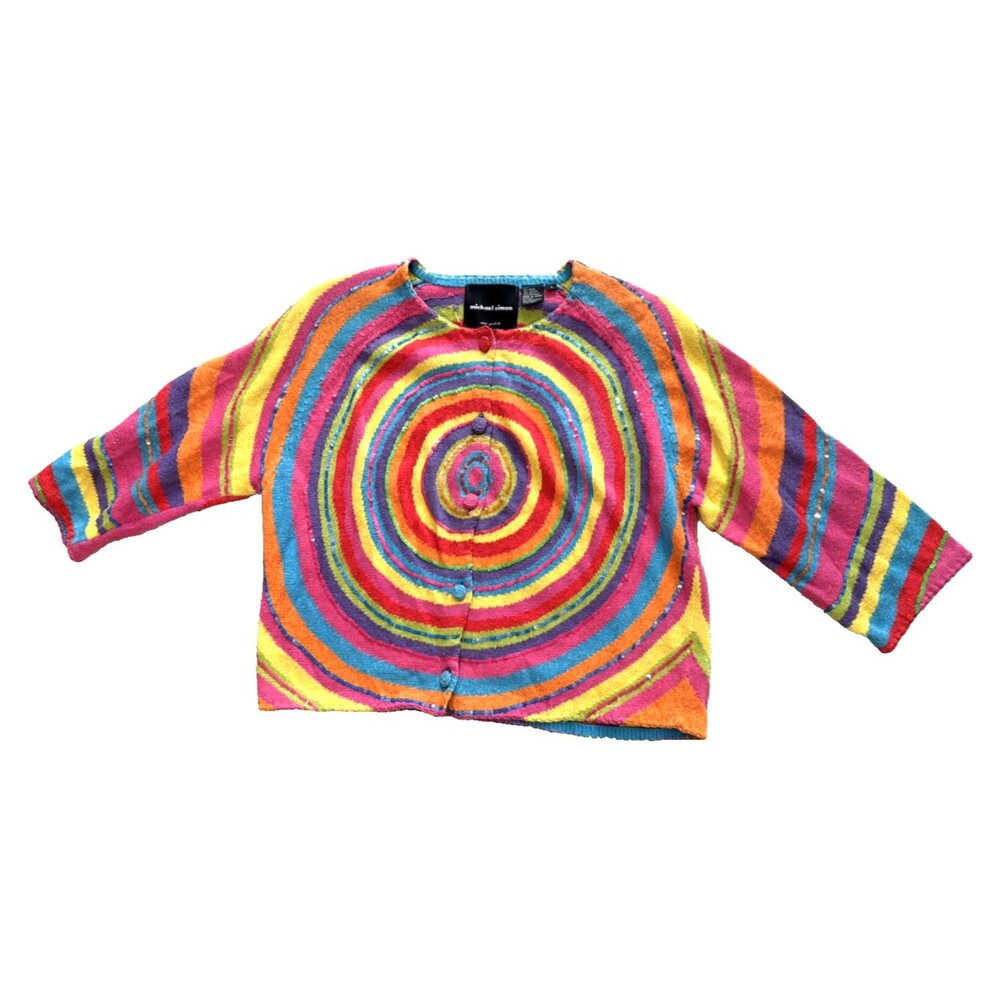 Vintage Michael Simon Cardigan Sweater Rainbow Swirl L Buttons Hypnotic Sequins